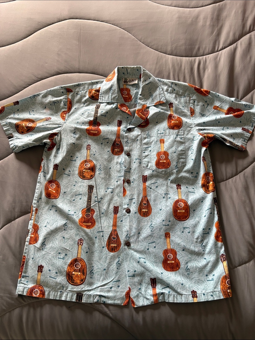 Aloha Republic Boys Short Sleeve Guitar Print Button-Up Shirt - Light Blue